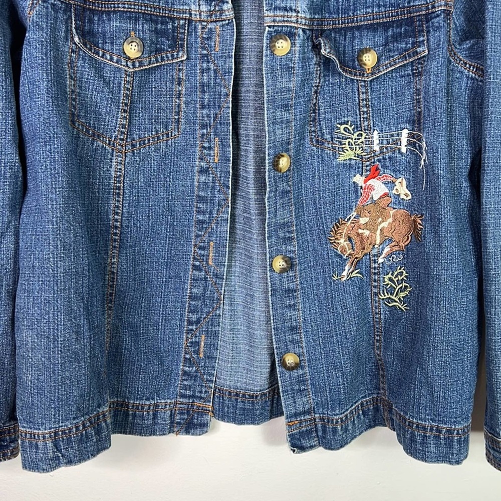 VTG Roughrider Embroidered Bronc Rider Denim Jean Jacket Shacket Shirt Womens L - Picture 3 of 8